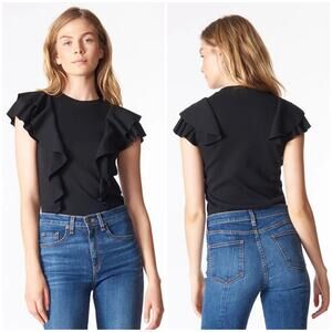 Veronica Beard Bea Ruffle Tee Top Size Small Black Ribbed Cotton Designer
